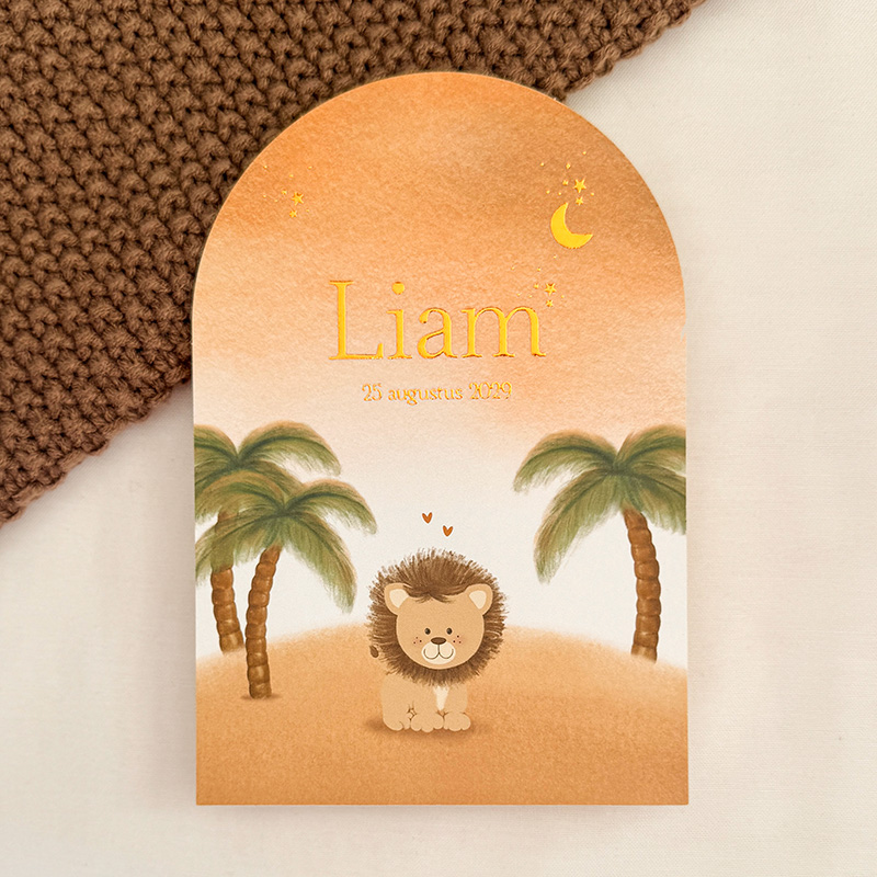 Geboortekaartje boogvorm leeuwtje en palmbomen in koperfolie - Liam
