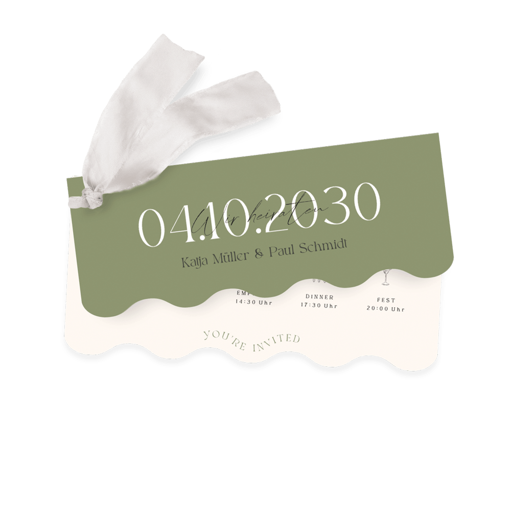Hochzeitseinladung als Kartenset in stilvollem Grün mit Tagesprogramm und Band
