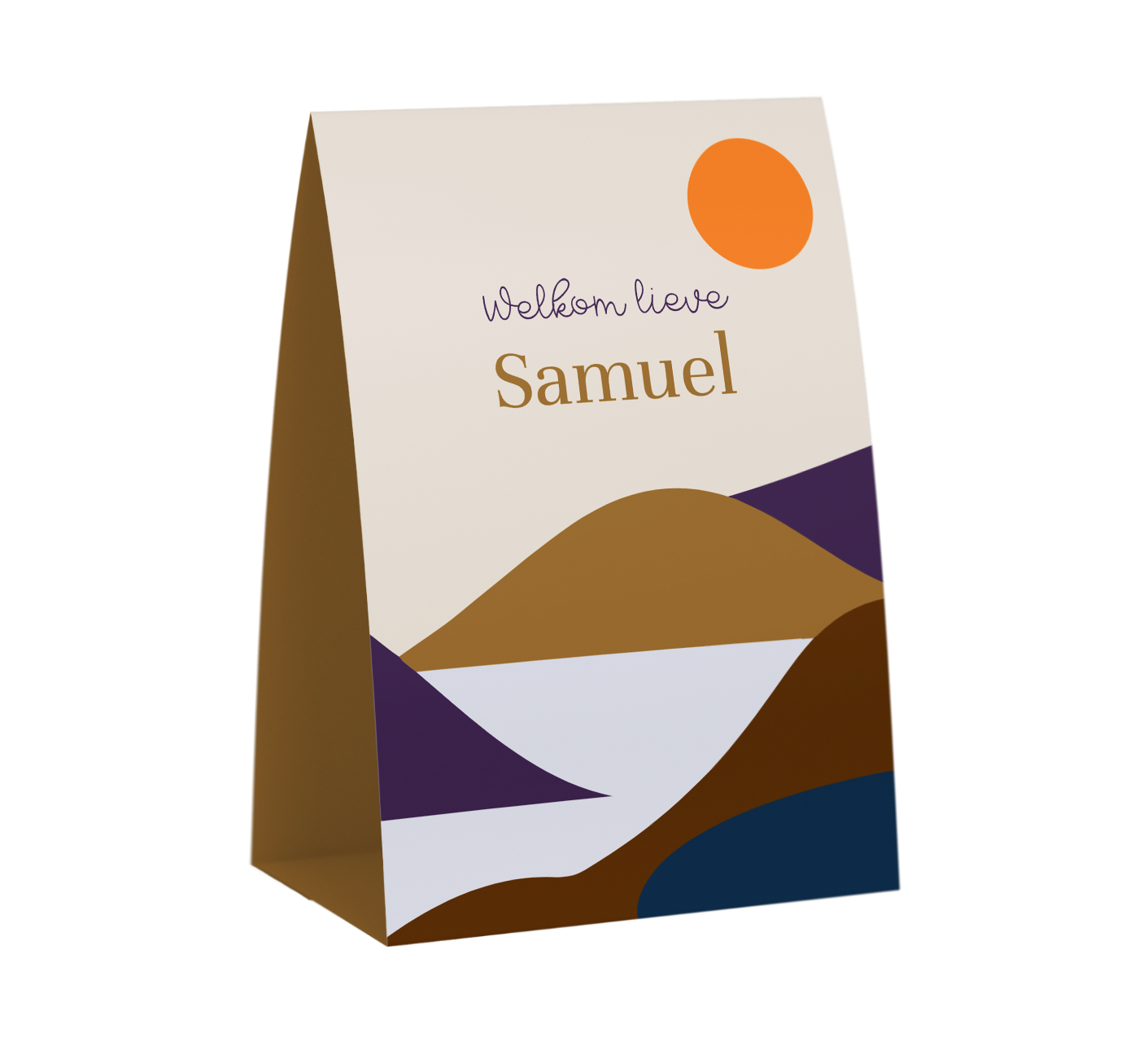 Tent geboortekaartje met berglandschap en zon