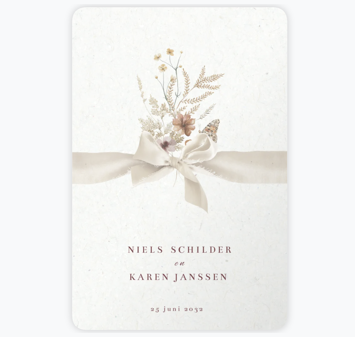 Trouwkaart aardetint droogbloemen en lint