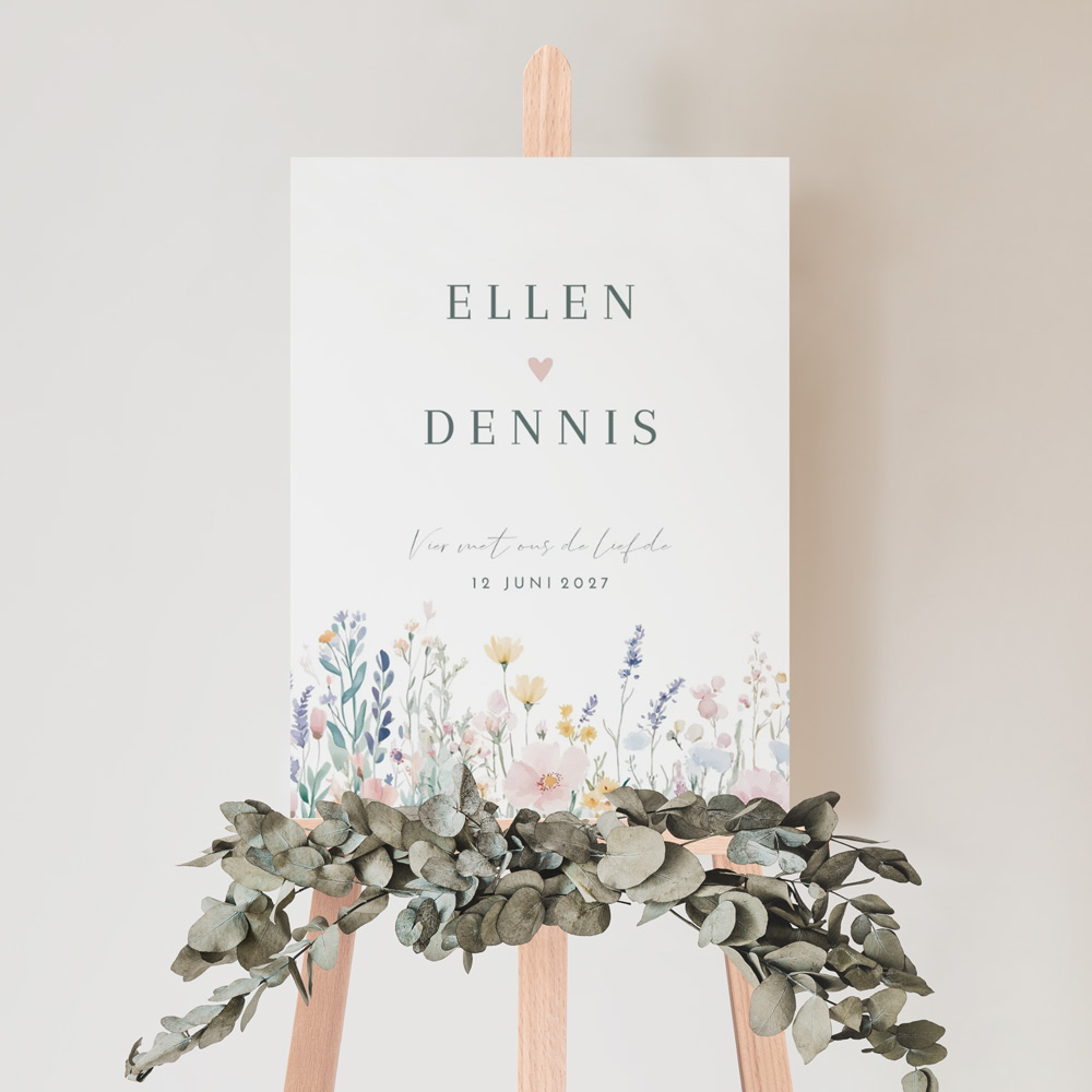 Welkomstbord bruiloft romantisch bloemen