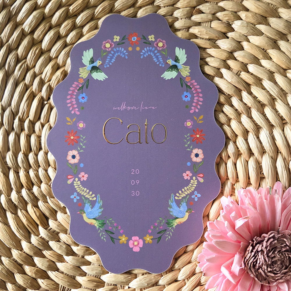 Boho aparte vorm geboortekaartje voor een meisje met kader