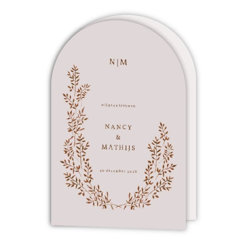 Dubbele boog trouwkaart in roze met bordeaux krans | Elegant & warm
