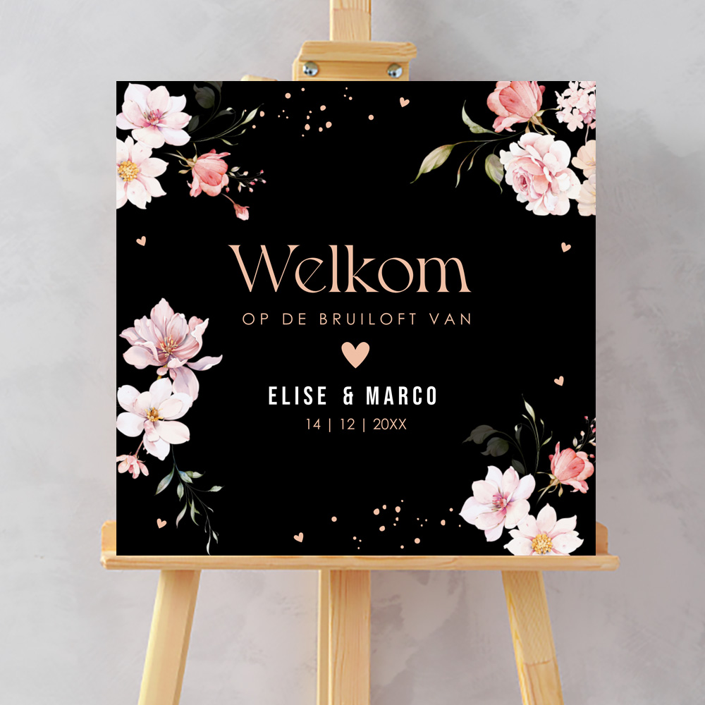 Welkomstbord bruiloft zwart met roze bloemen