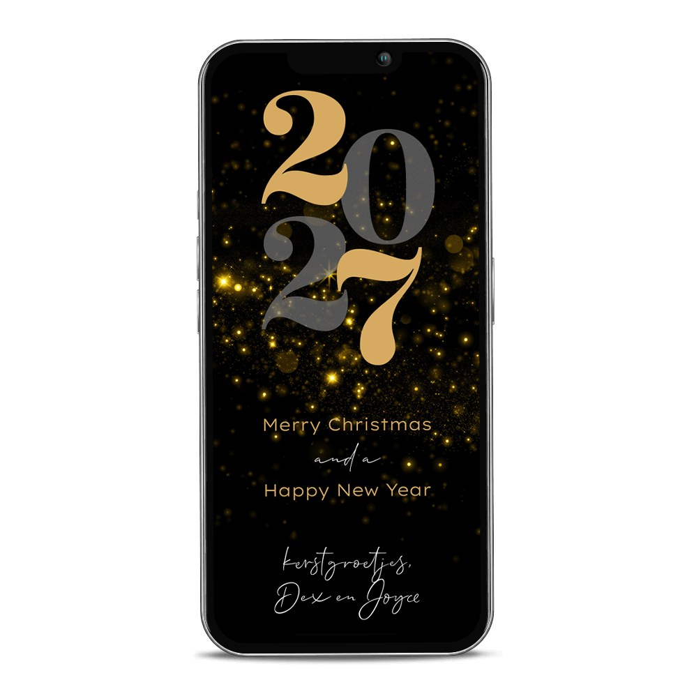 Digitale nieuwjaarskaart met jaartal en gouden sparkles