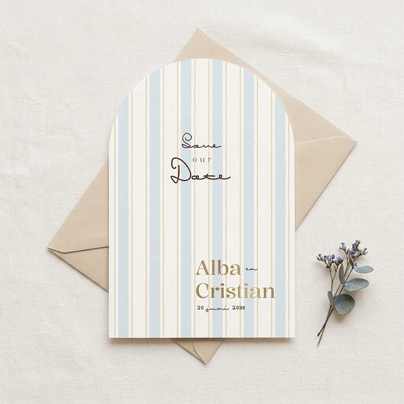 Save the Date kaart klassiek strepen beige lichtblauw