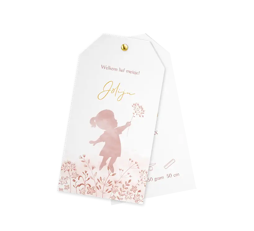 Lief label geboortekaartje meisje met waterverf silhouet en bloemen