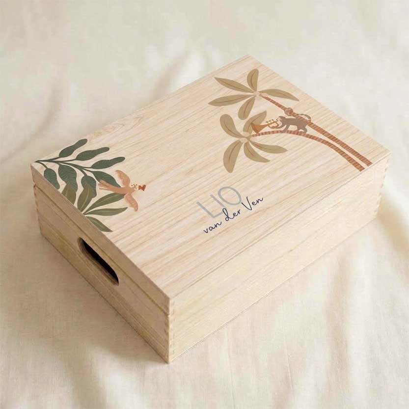 Memorybox hout jongen jungle dieren bladeren