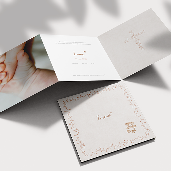 Zigzag drieluik rouwkaartje jongen meisje met beertje en foto