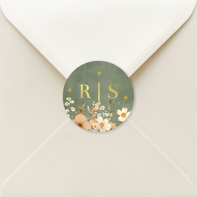 Sluitzegels huwelijk groen bloemen beige goudfolie