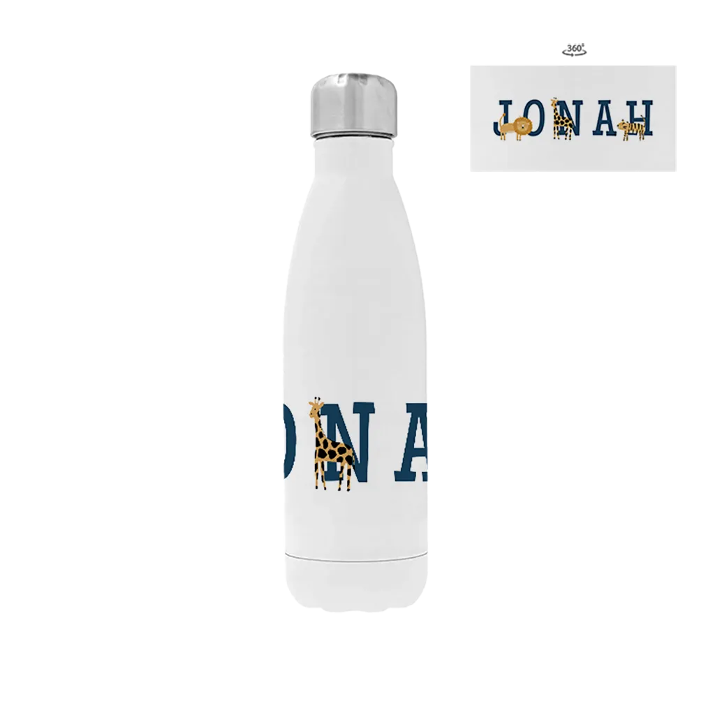 Trinkflasche aus Edelstahl mit Dschungeltieren und Namen in einer coolen Schriftart