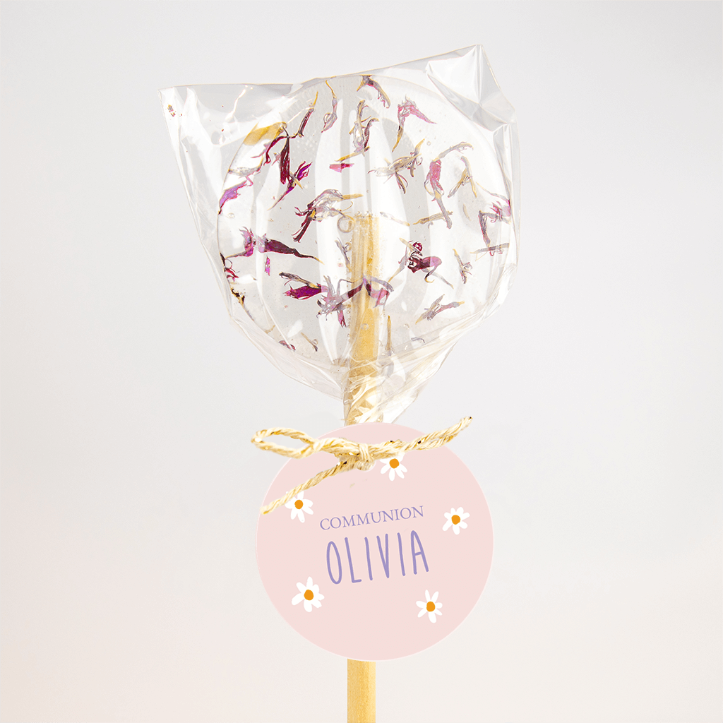 Étiquette communion avec fleurs et écriture en violet - 18 ex. 