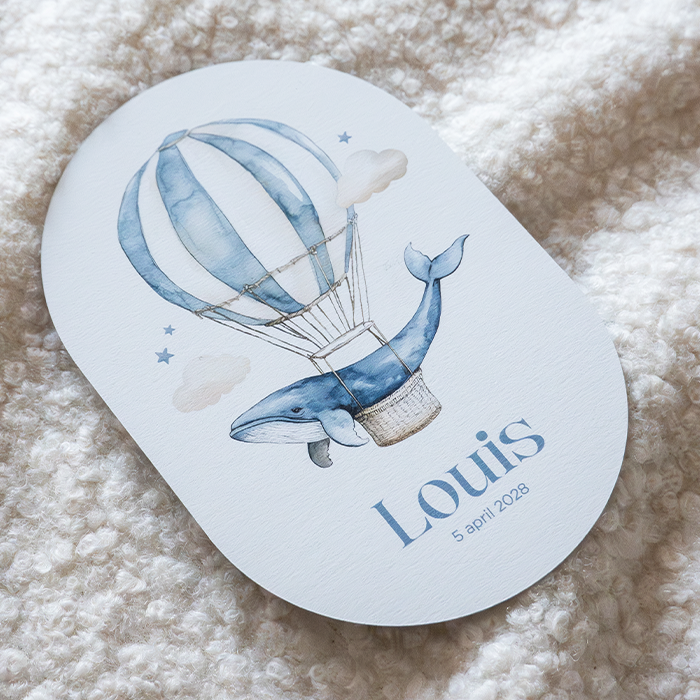 Ovalen geboortekaartje walvis in luchtballon blauw