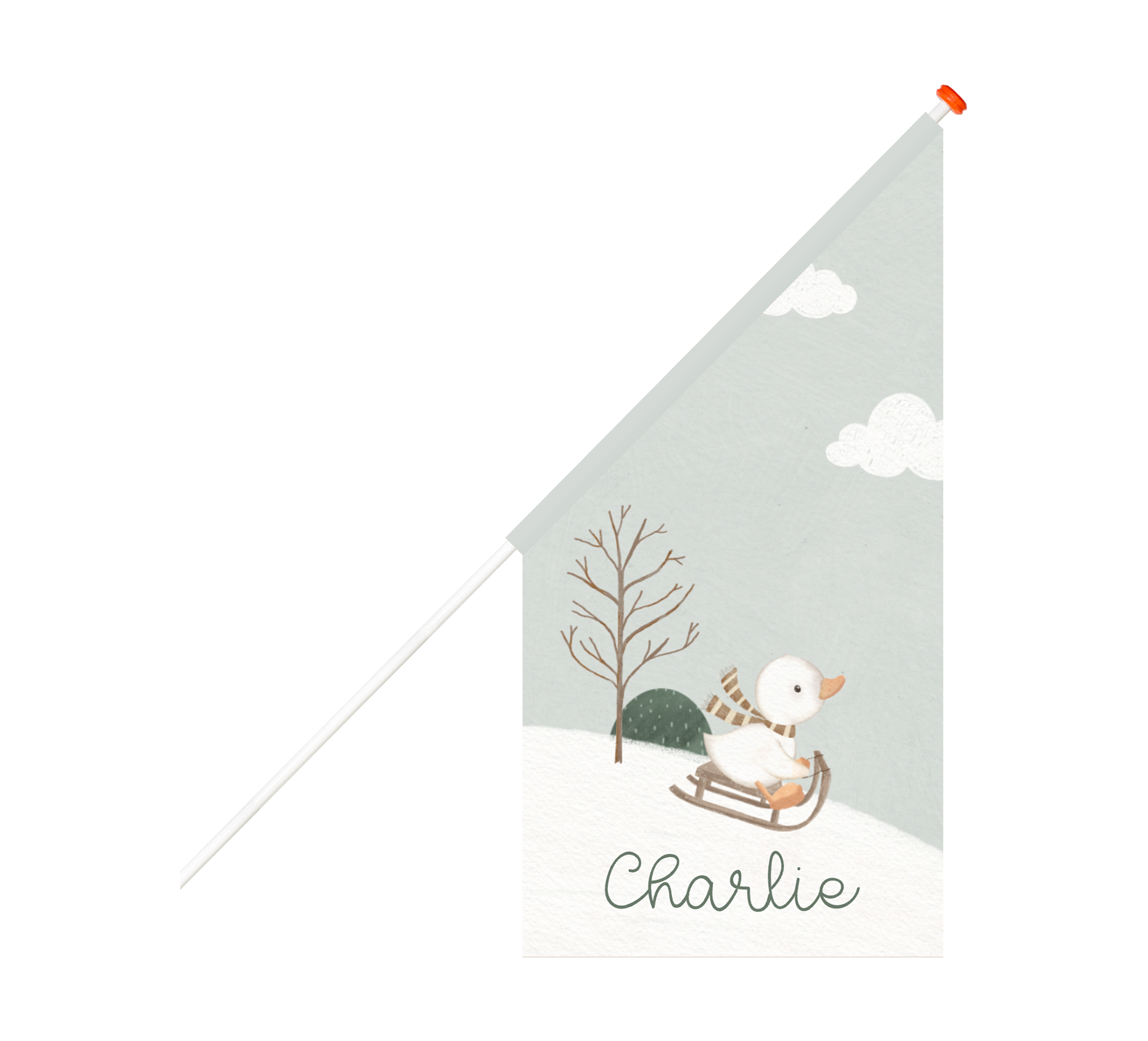 Speelse geboortevlag met sleeënd eendje door winters landschap