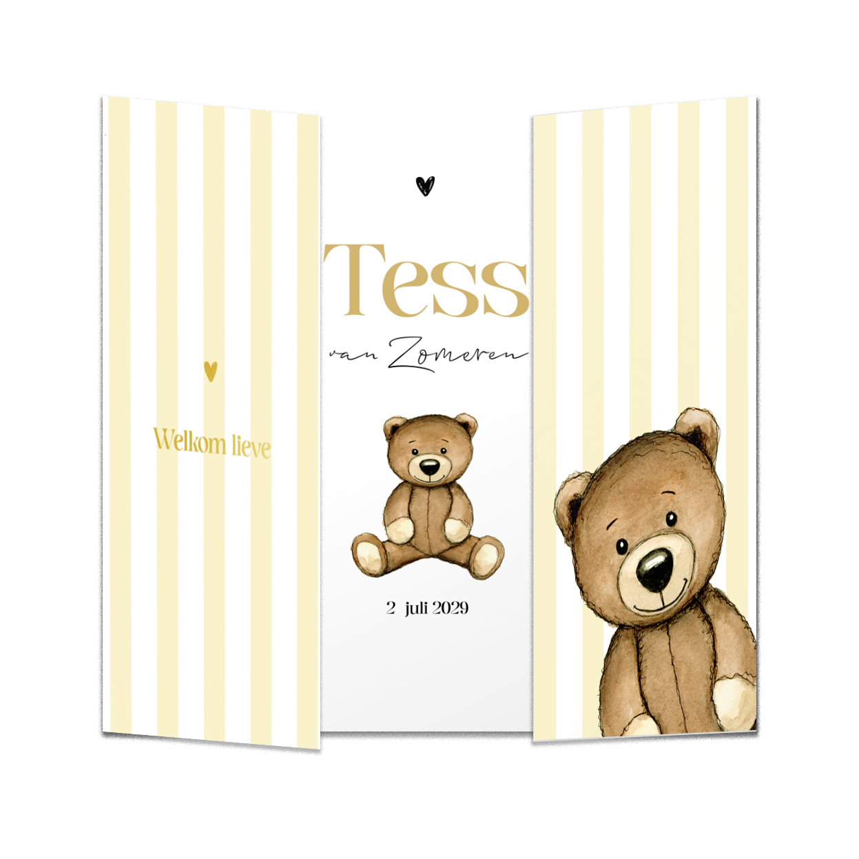 Theatervorm geboortekaartje butteryellow streepjes met teddybeer