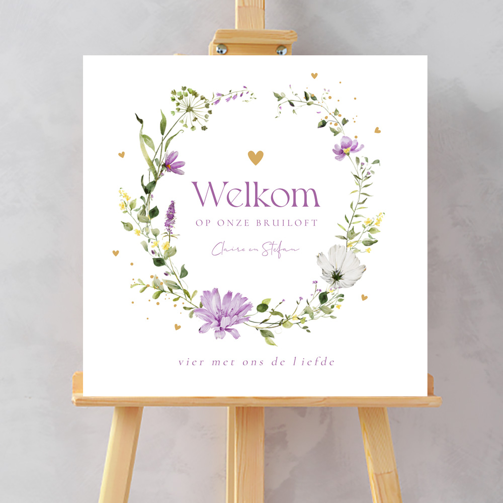 Welkomstbord wit bruiloft paars bloemenkrans