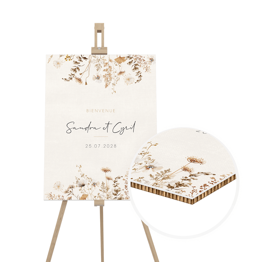 Panneau de bienvenue vintage en carton avec des fleurs des champs