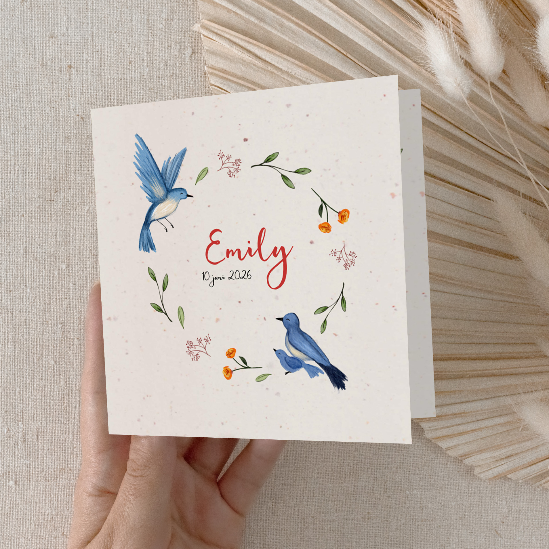 Geboortekaartje met vogeltjes en bloemen