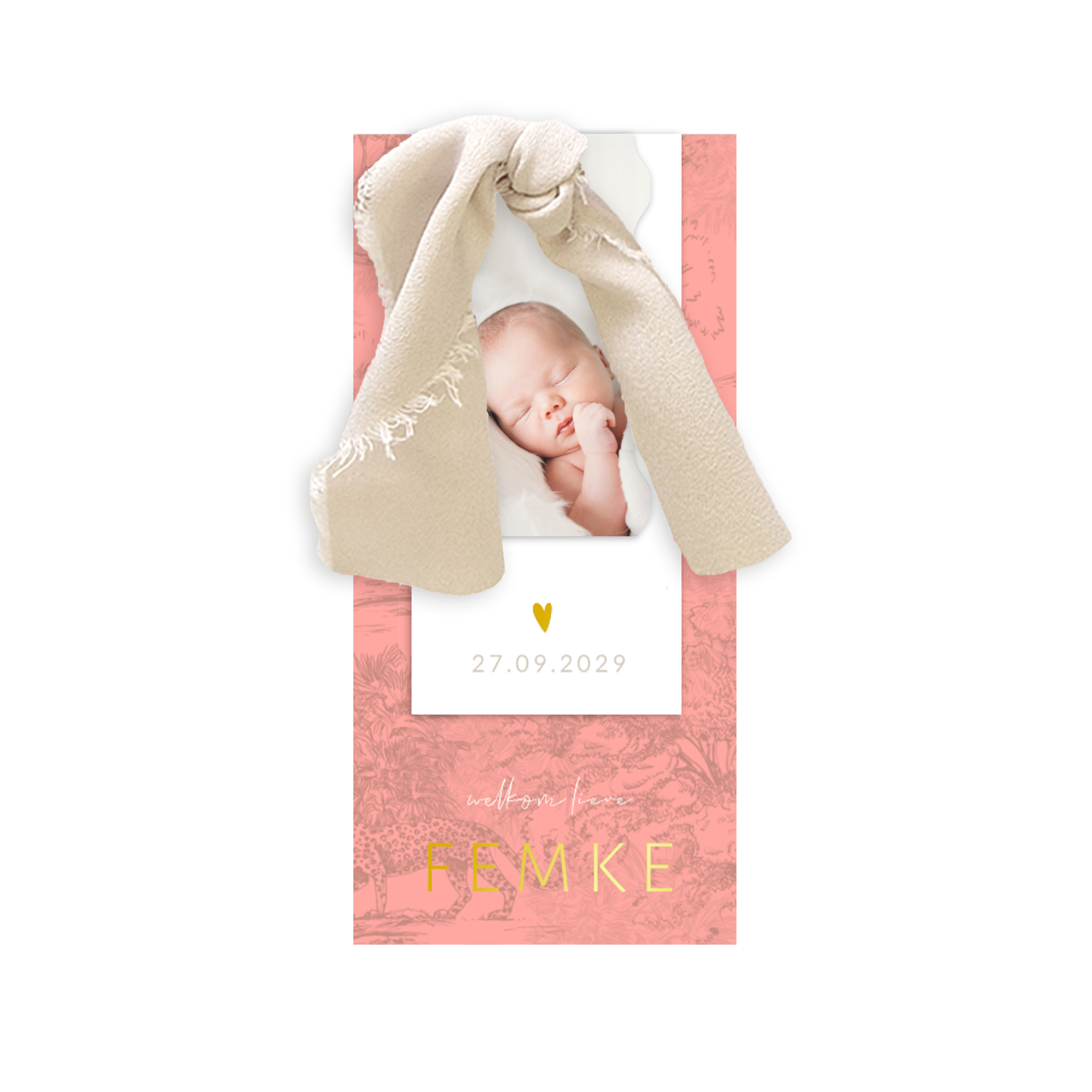 Geboortekaartje meisje labelkaart pink jungle met afbeelding en lint