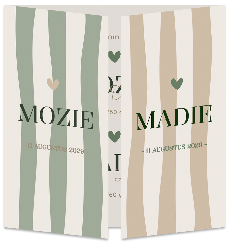 Geboortekaartje Tweeling Strepen Luikkaartje Beige Beige Groen