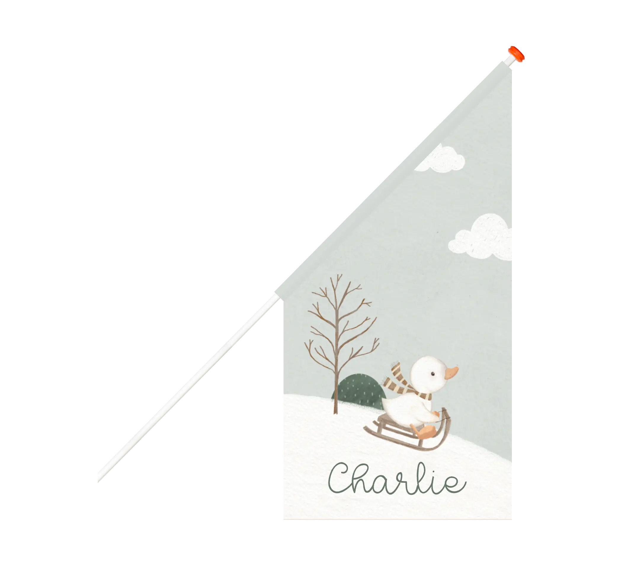 Speelse geboortevlag met sleeënd eendje door winters landschap