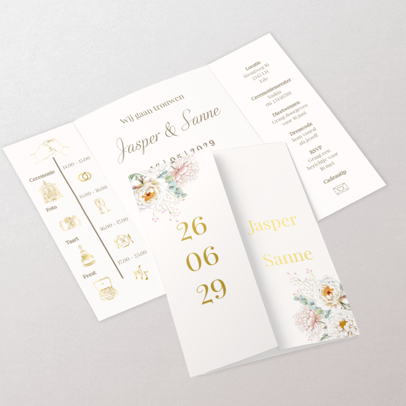 Trouwkaart met tijdlijn en echte goudfolie met luikvouw