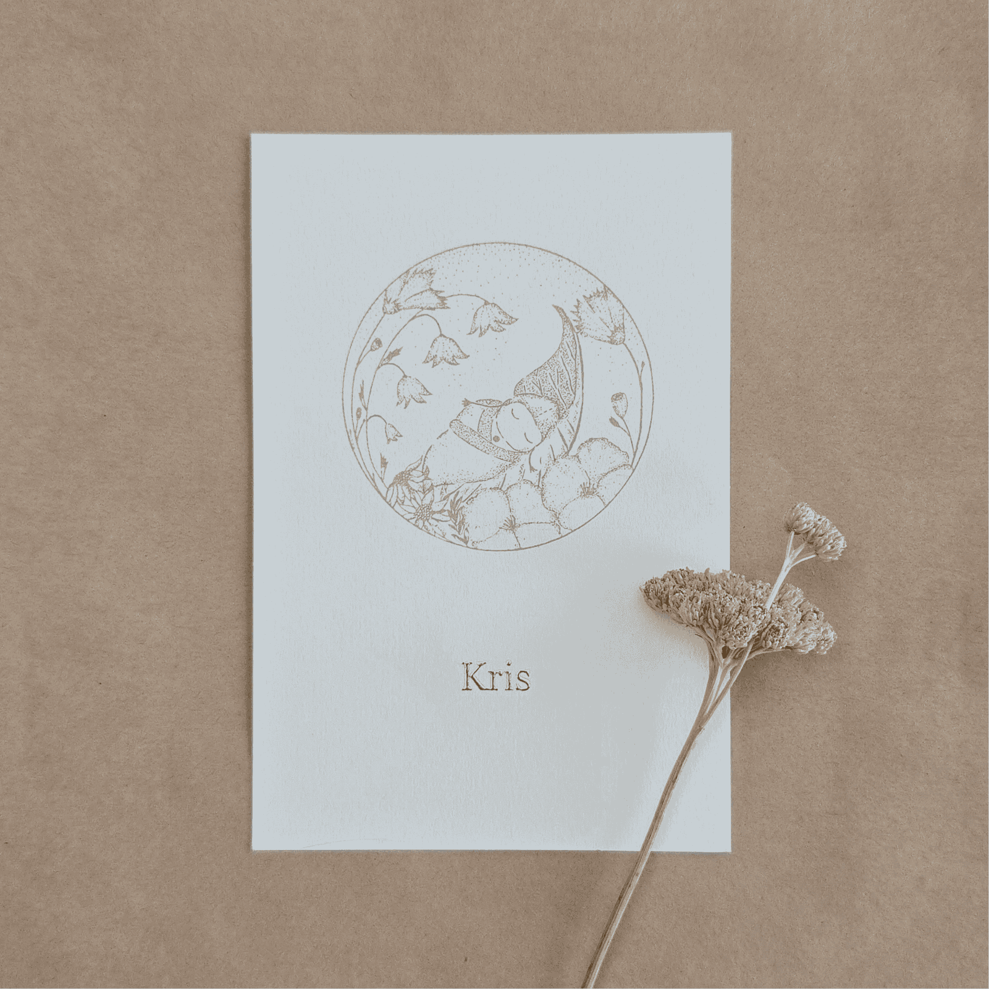 LIEF GEBOORTEKAARTJE LIJNTEKENING BLOEMEN MET KINDJE