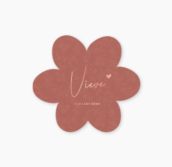 Uniek geboortekaartje met roségoudfolie in de vorm van een bloem