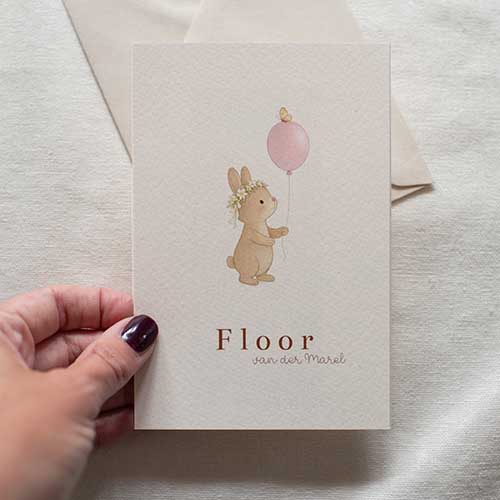 Geboortekaartje meisje lente konijntje roze ballon