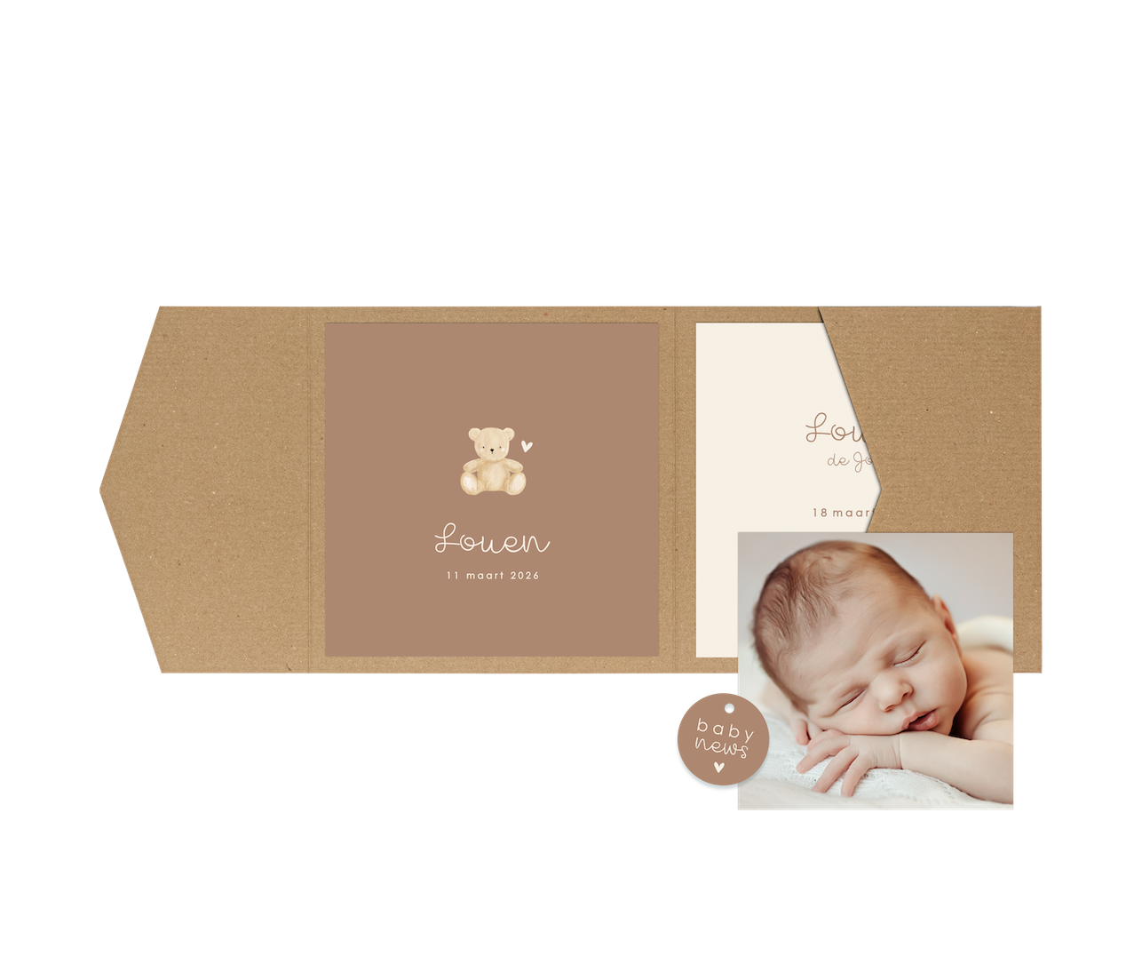 Pocketfold geboortekaartje neutraal met beertje