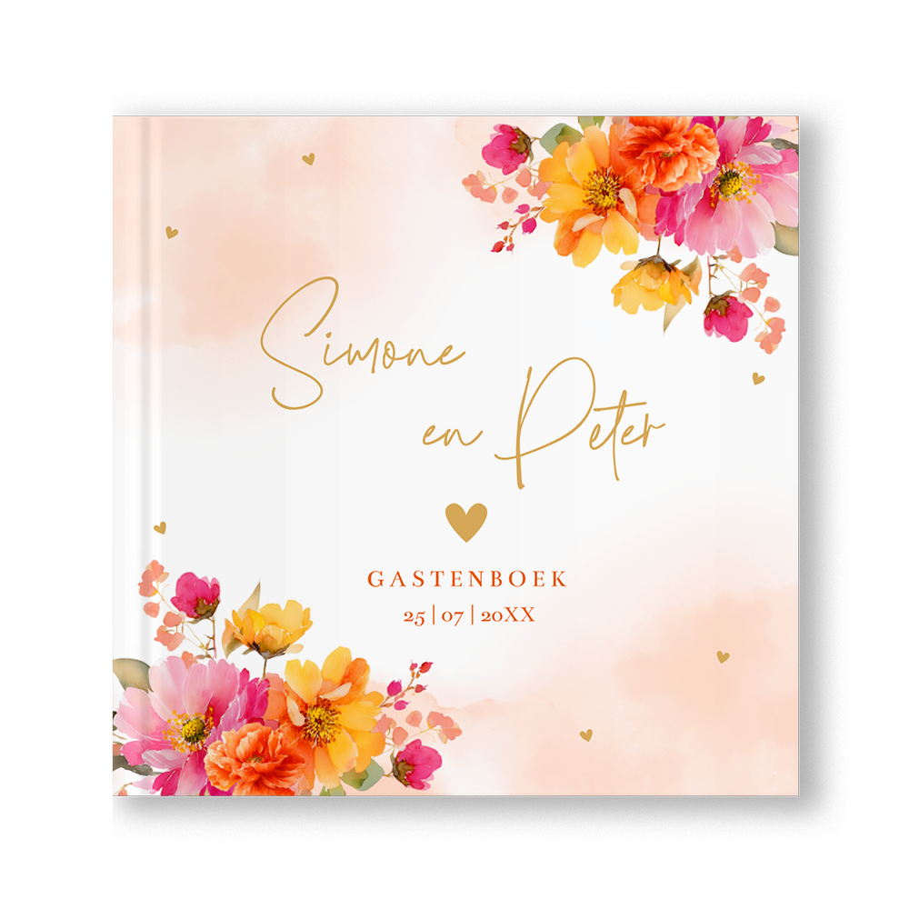 Gastenboek huwelijk kleurrijke bloemen pink orange