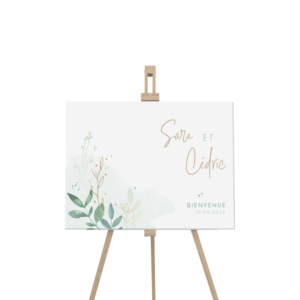 Panneau de bienvenue avec des feuilles d'aquarelle et des cœurs