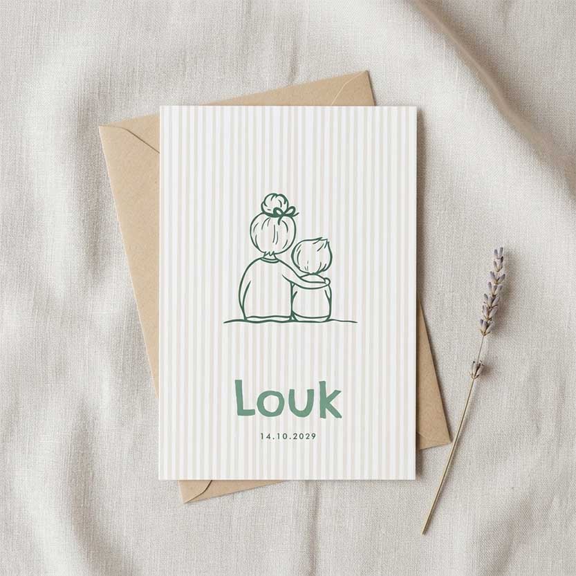 Geboortekaartje jongen lijntekening van grote zus met klein broertje