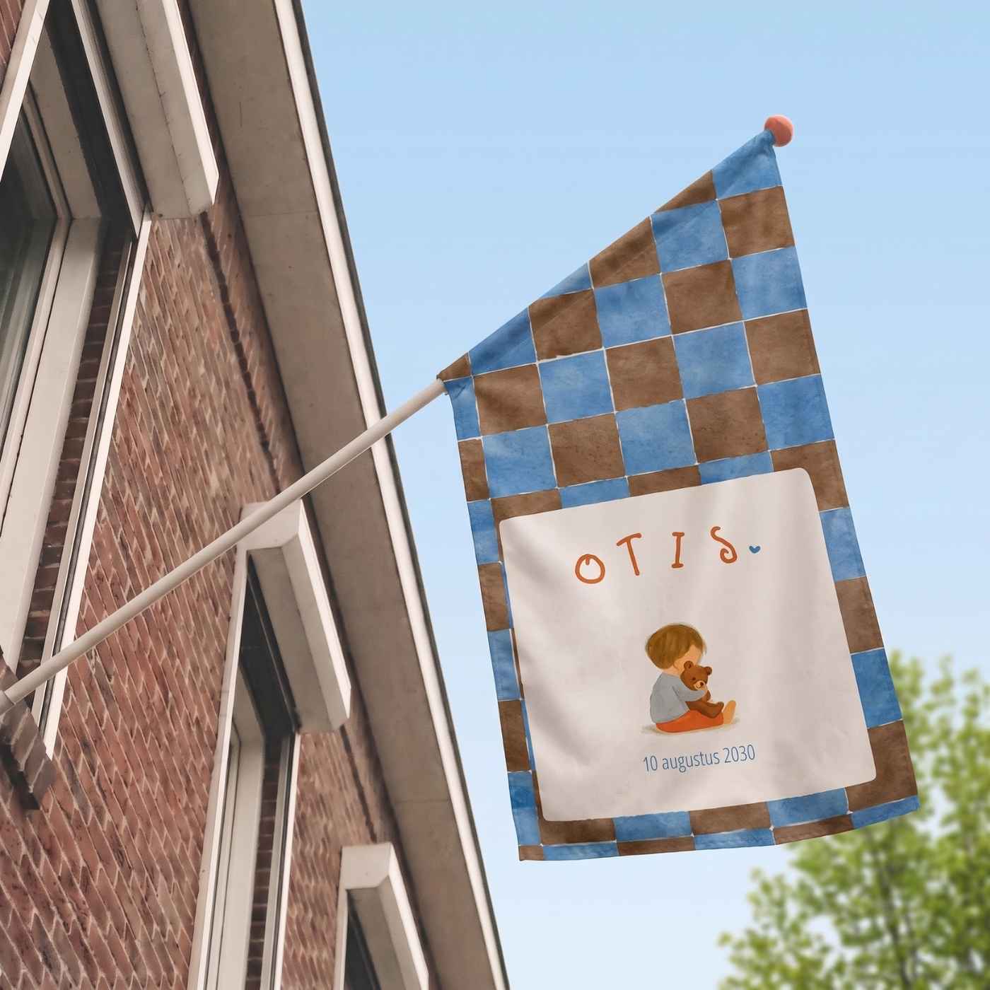 Geboortevlag geblokt illustratie jongen knuffel
