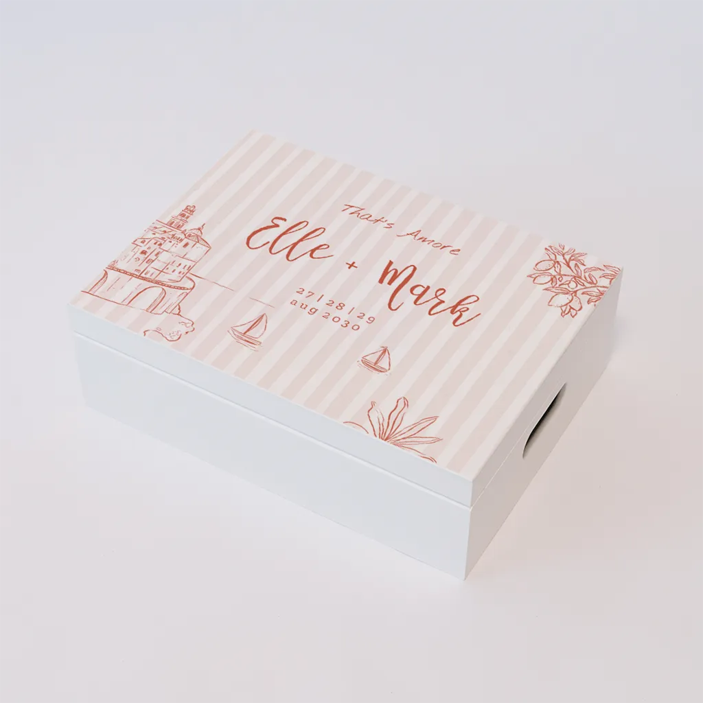 Memorybox huwelijk in Italiaanse stijl met strepen en illustraties