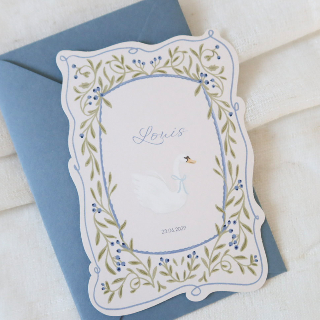 Geboortekaartje stansvorm botanisch zwaan voor jongen