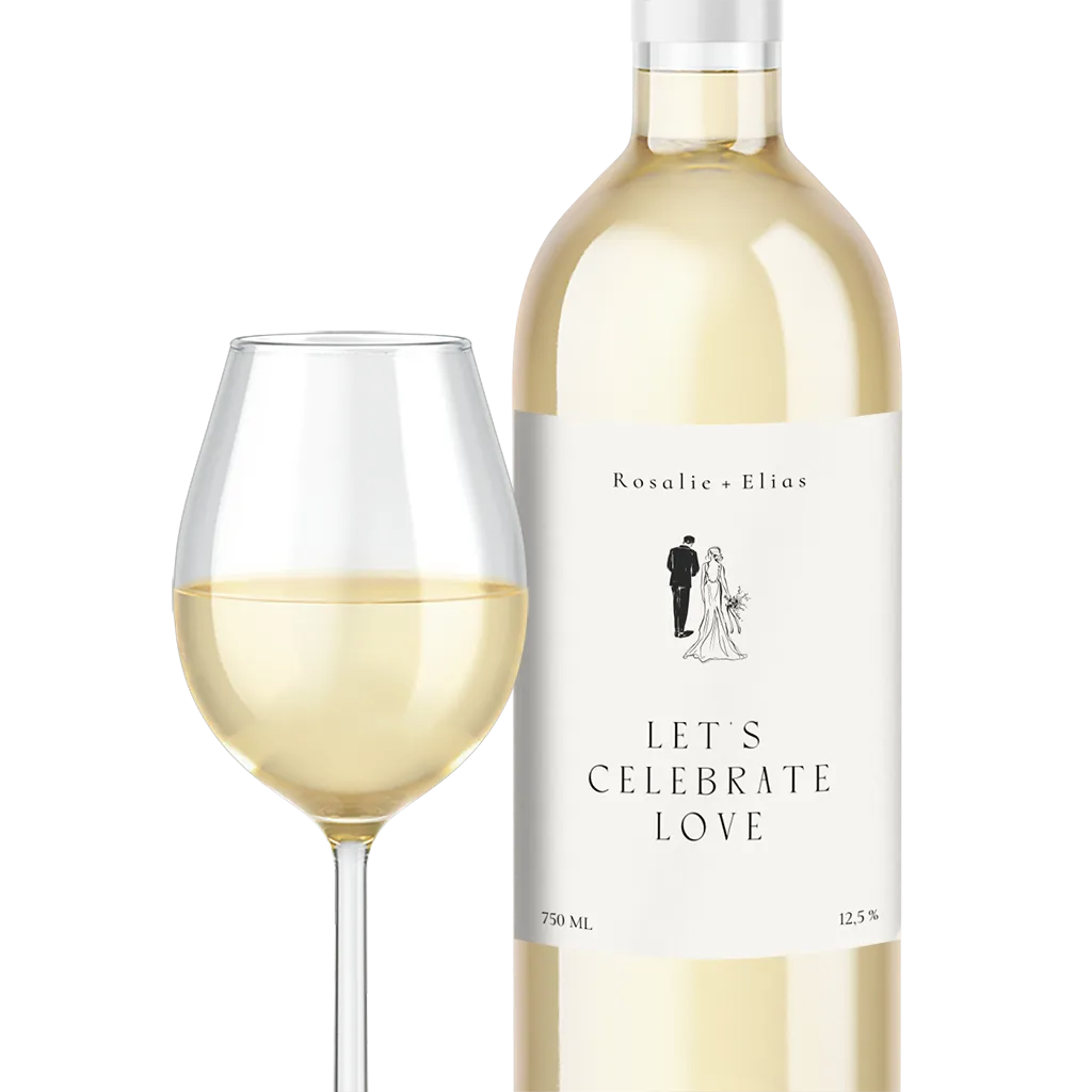 Weinetikett Hochzeit mit Tuschezeichnung