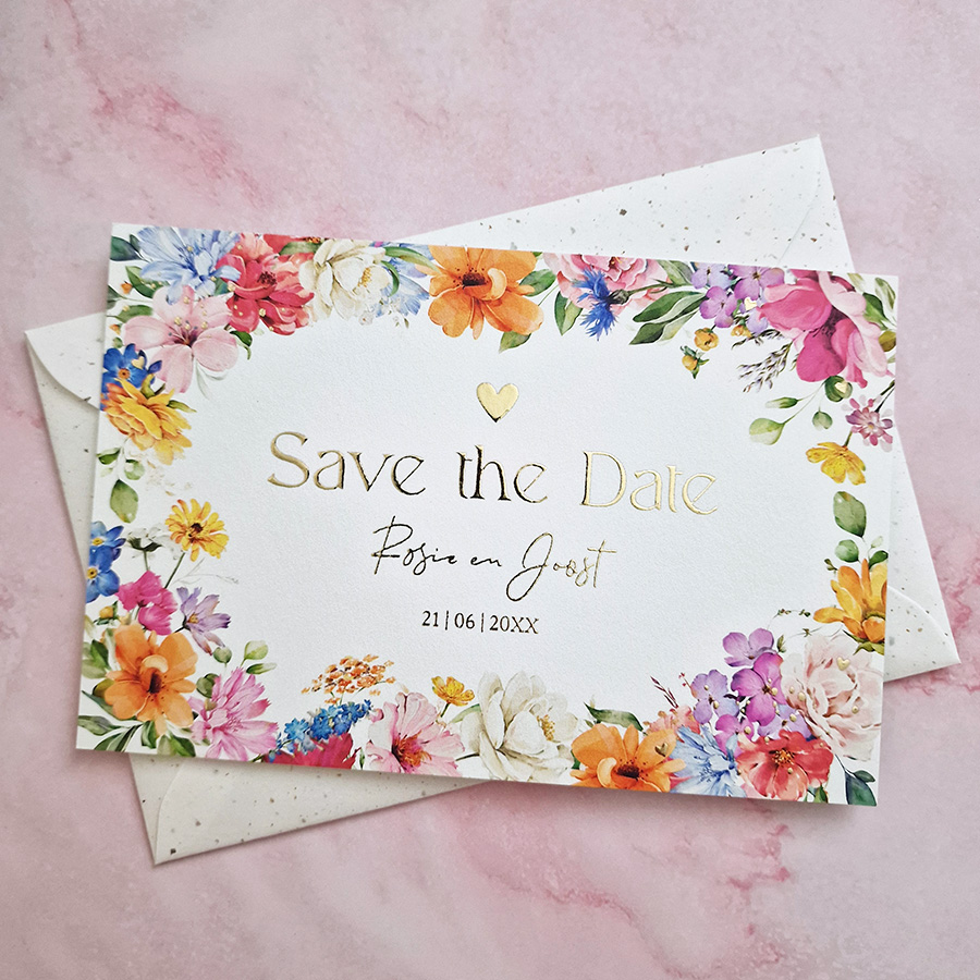 Save the Date kaart fleurige bloemen Bright Flowers goudfolie