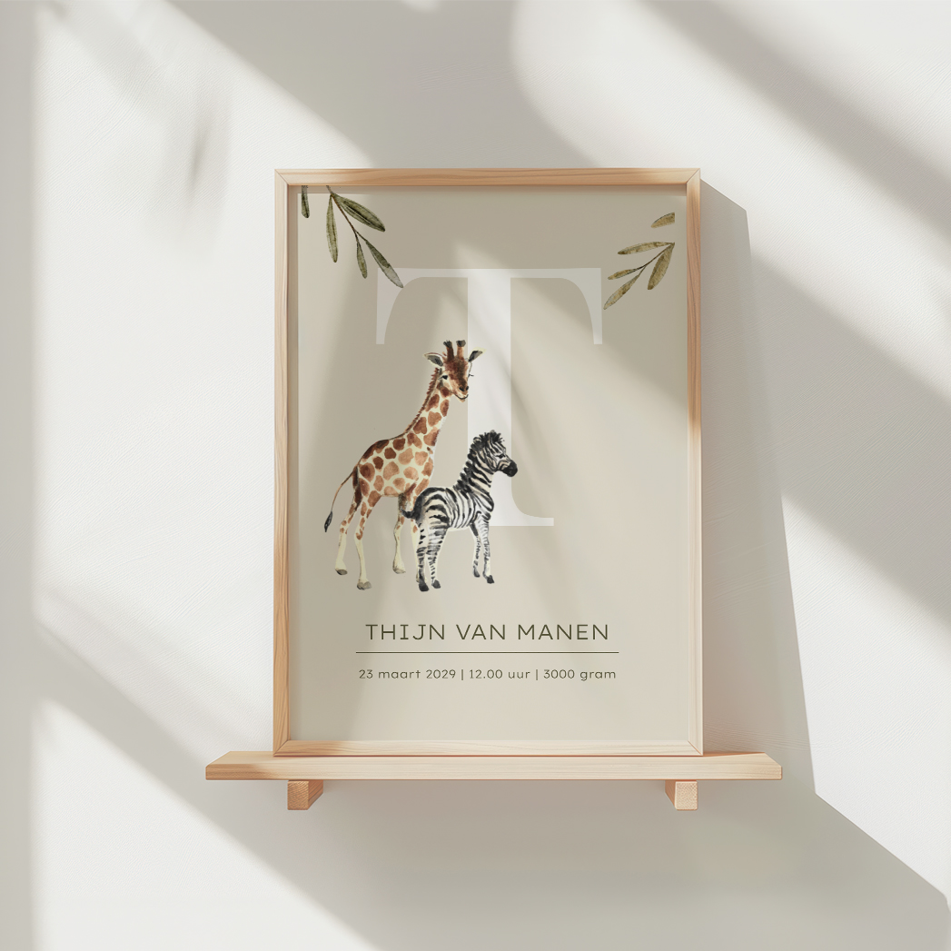 Poster kinderkamer met giraffe en zebra met naam en initiaal