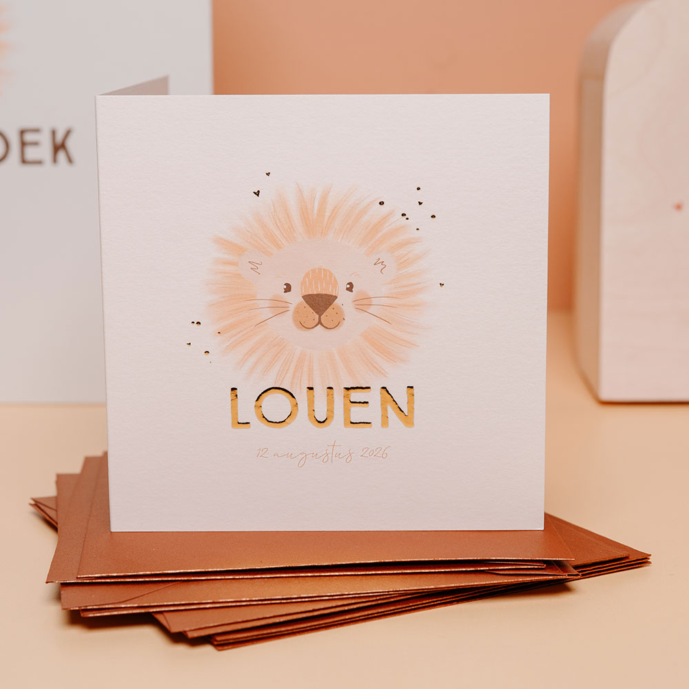 Vrolijk geboortekaartje voor jongen met leeuw en goudfolie