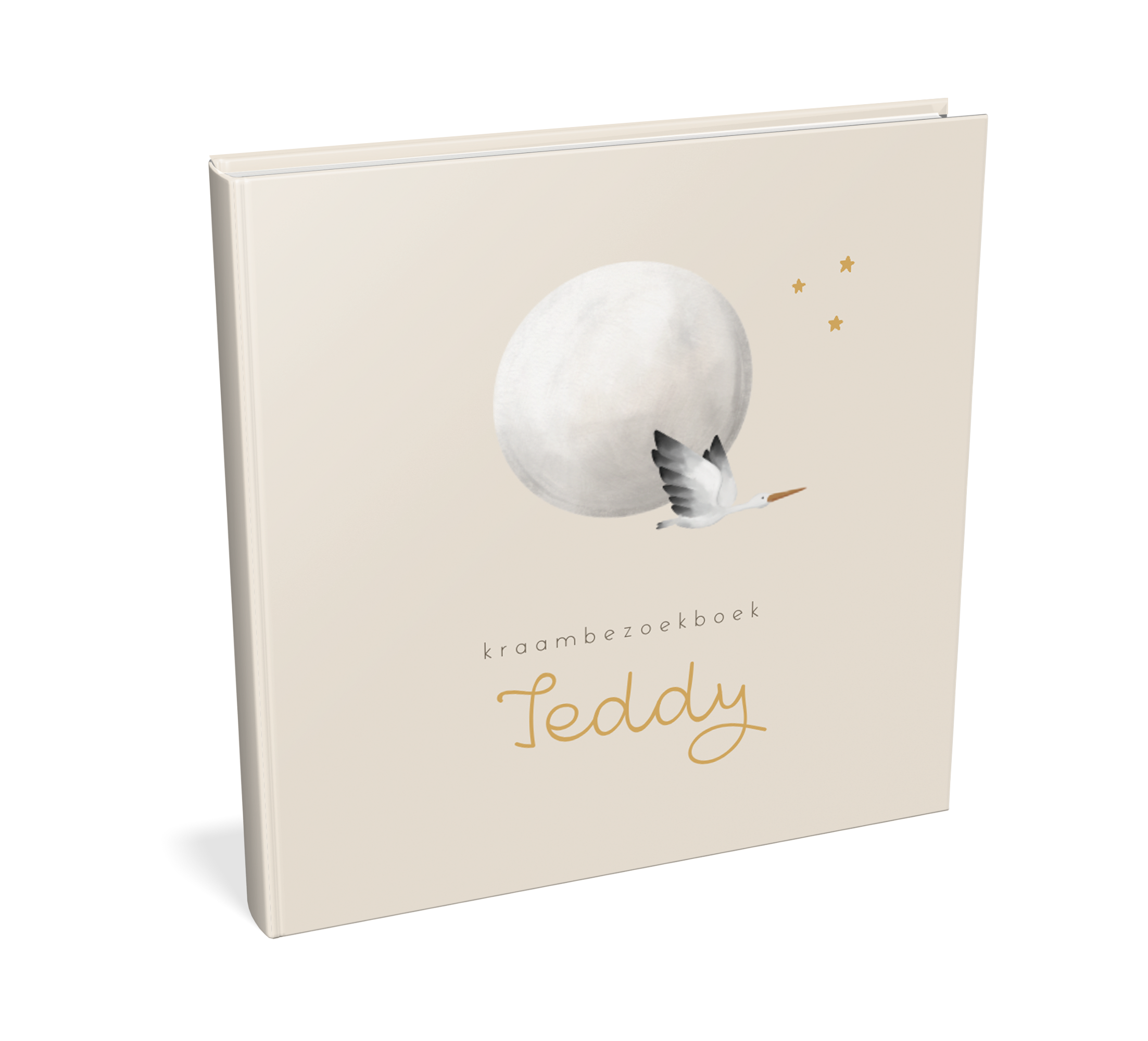 Kraambezoekboek beige met maan, ooievaar en sterren