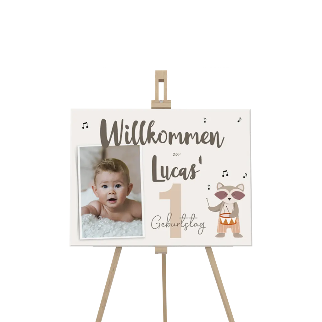 Willkommensschild 1 Geburtstag mit Waschbär