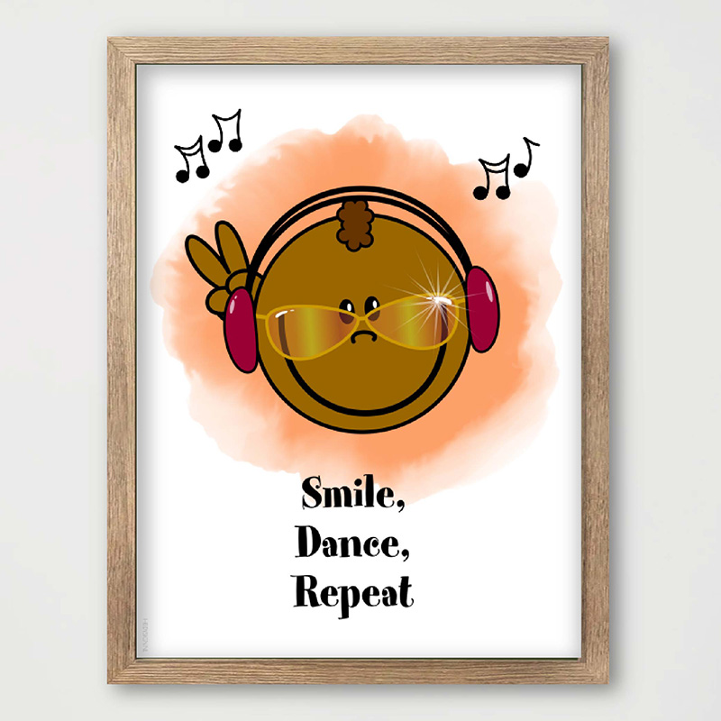 Kinderposter muziek smiley – Smile, Dance, Repeat illustratie met koptelefoon