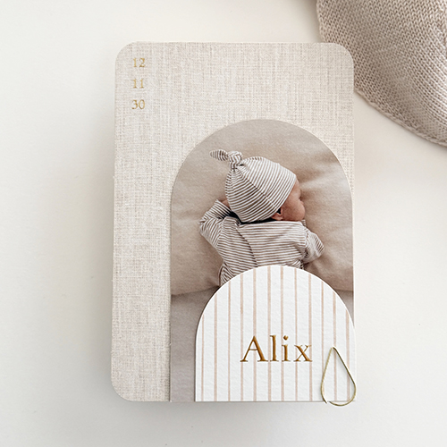 Label geboortekaartje jongen met linnen en strepen