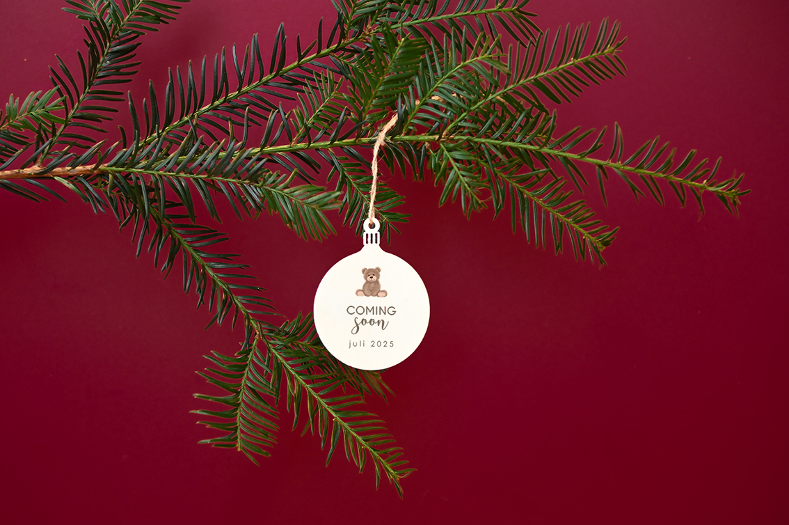 Zwangerschapsaankondiging houten kersthanger met teddybeer