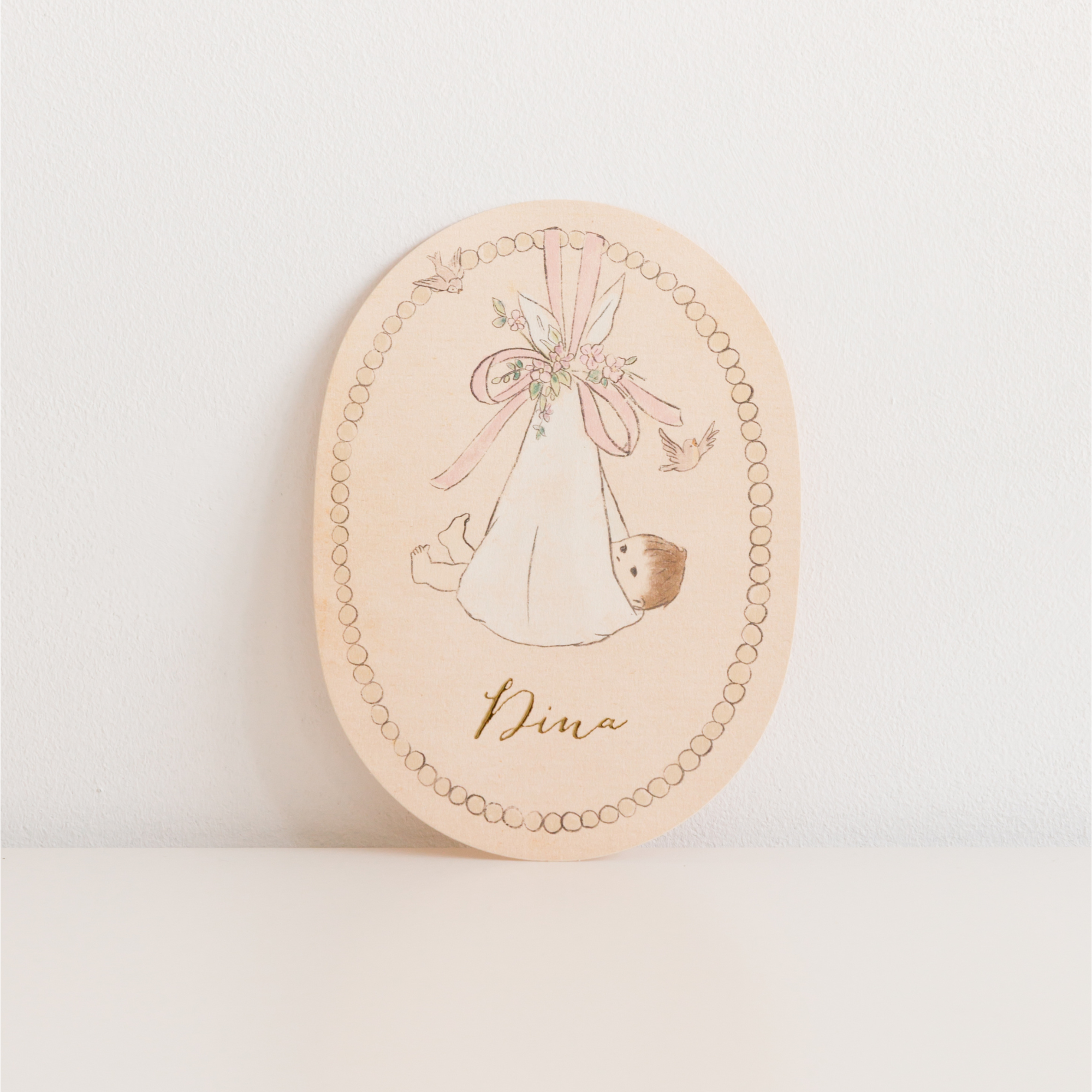 VINTAGE MEISJES GEBOORTEKAARTJE MET ROZE STRIK EN VOGELTJES