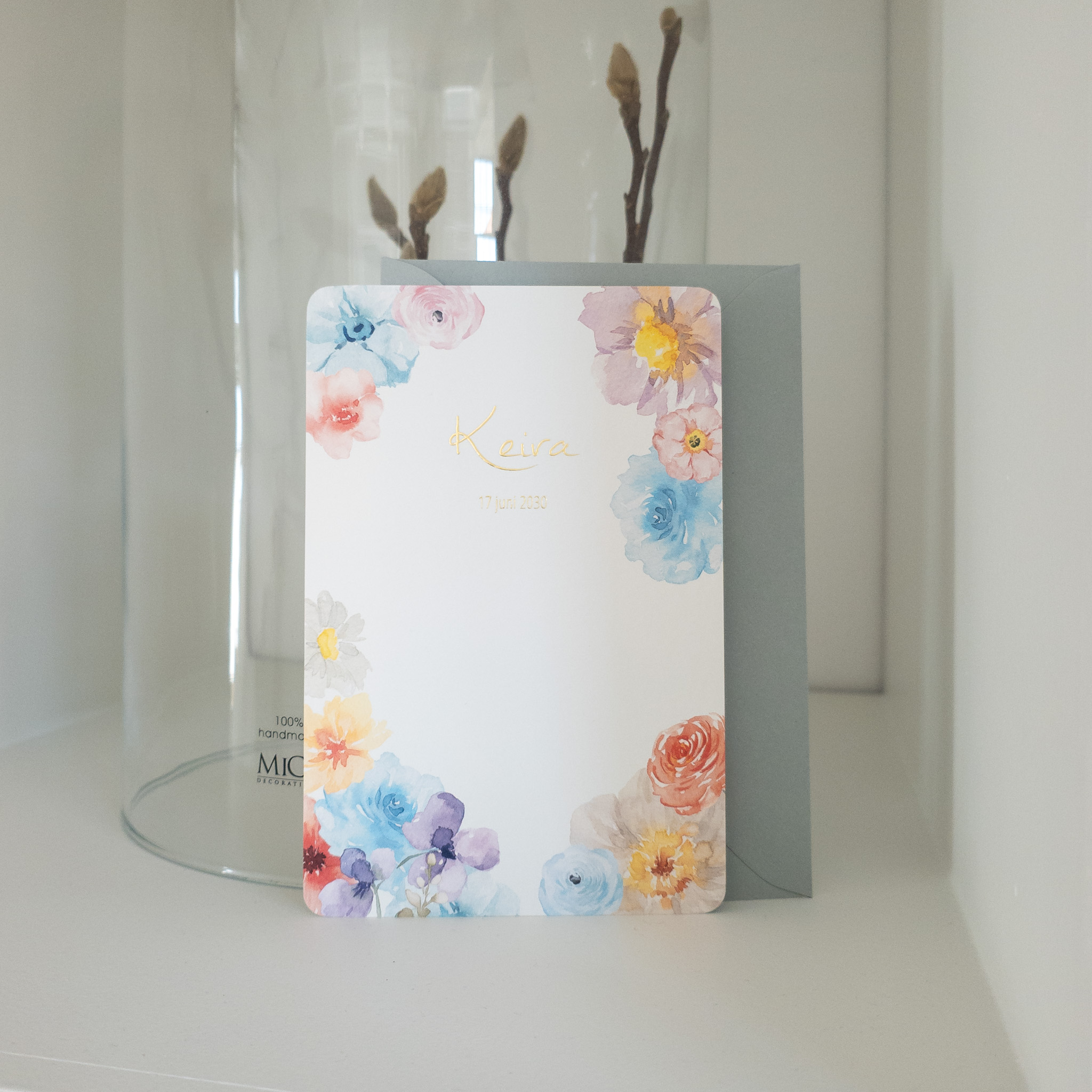 geboortekaartje kleurrijke bloemen goudfolie