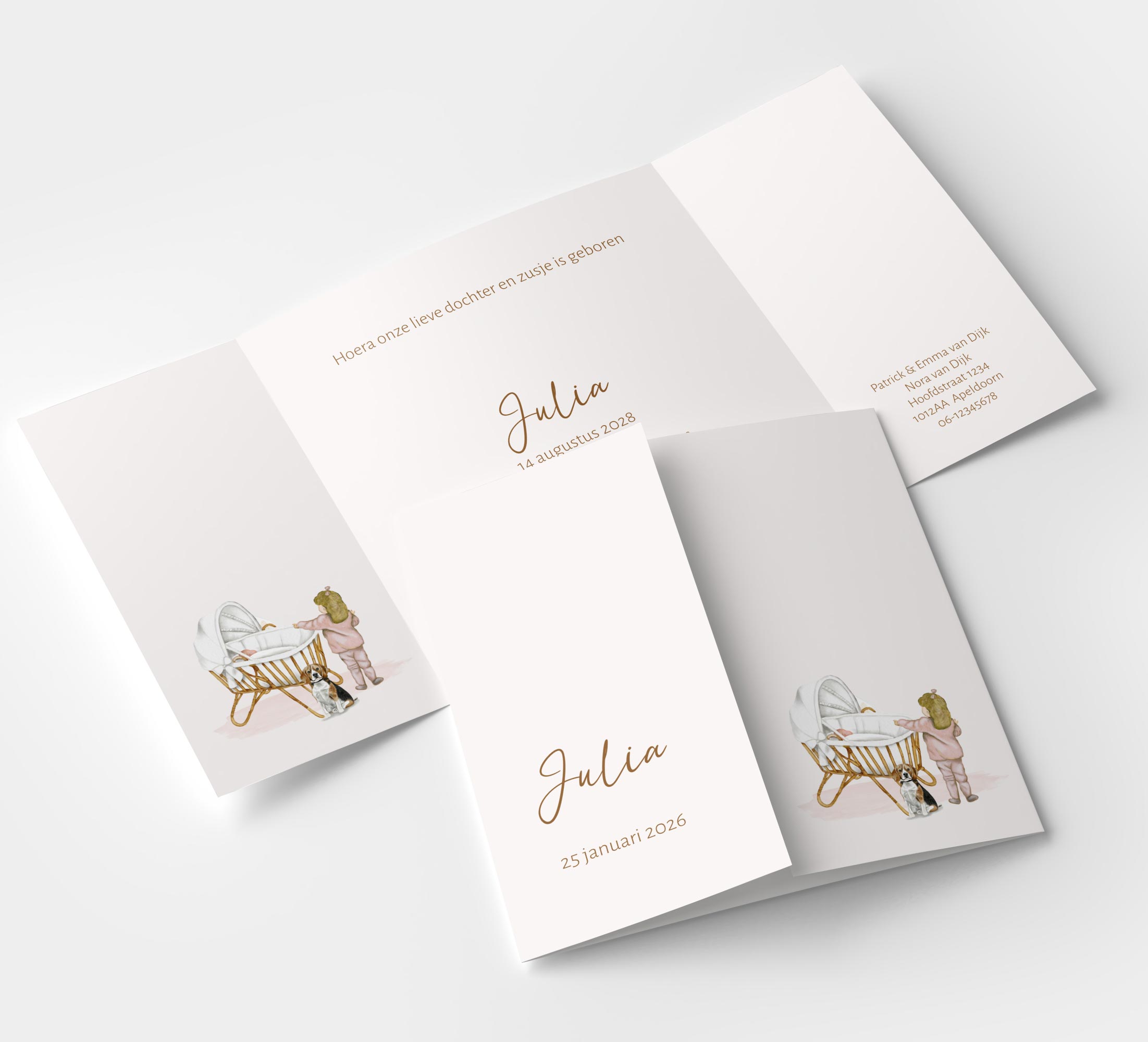 Lief geboortekaartje theatervouw voor een meisje met wiegje, zusje en hond