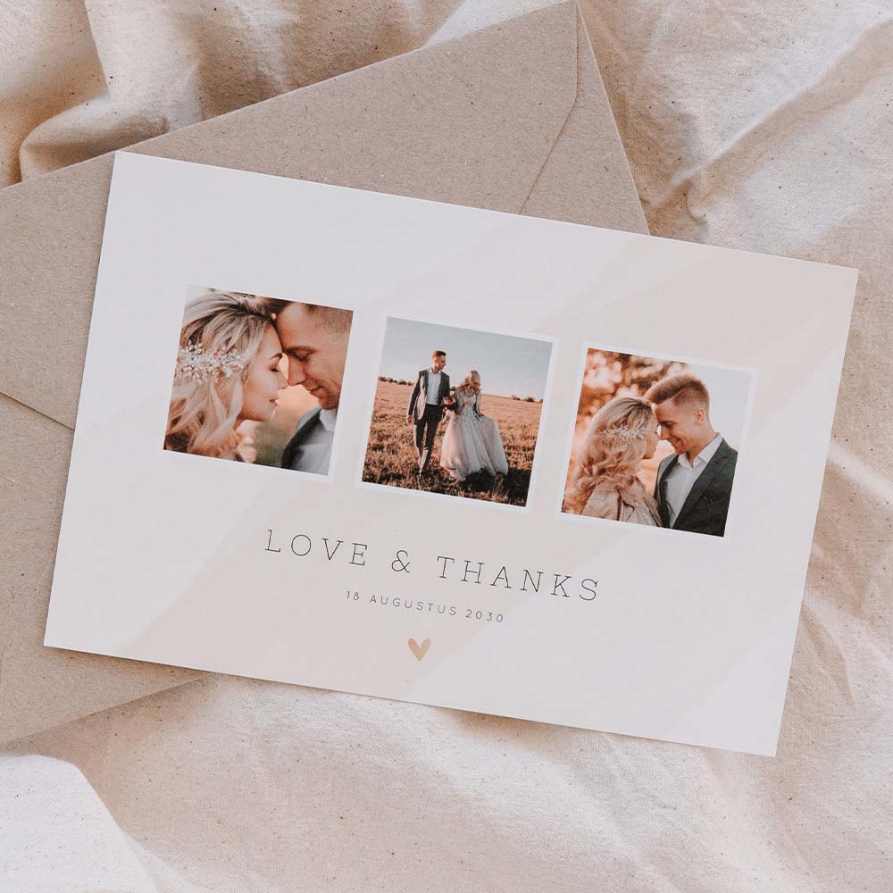 Bedankkaart trouwen met beige watercolor en foto's