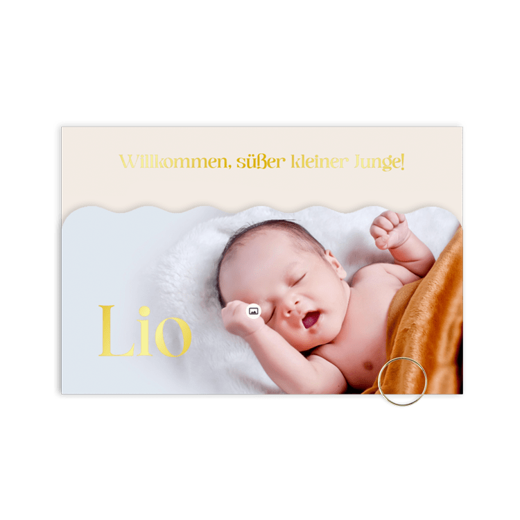 Zweiteilige Geburtskarte mit Wellenrand, Foto und Goldfolie